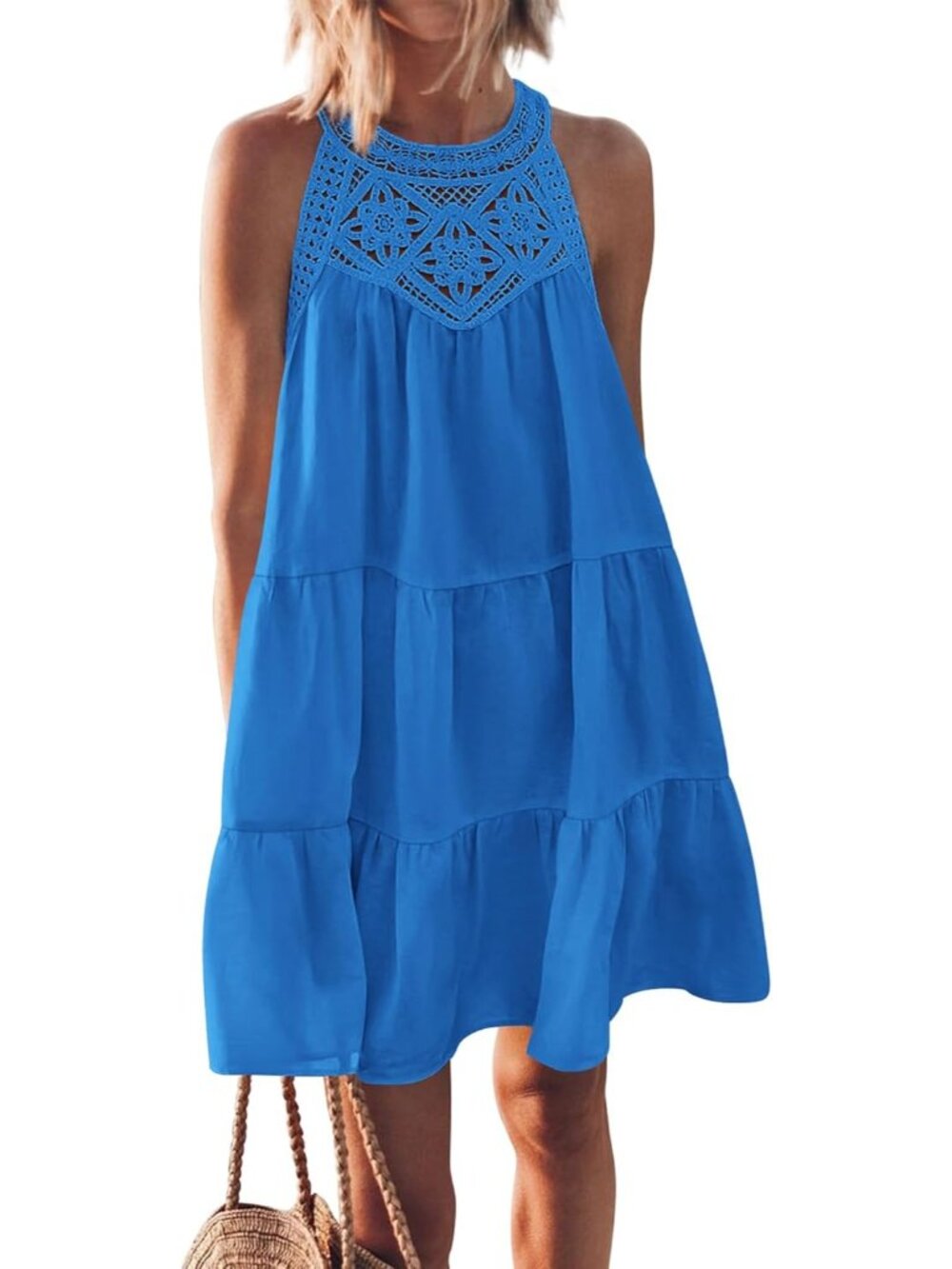 Women's Blue Spring Boho Fashion Halter Neck Sleeveless Loose A-Line Mini Beach